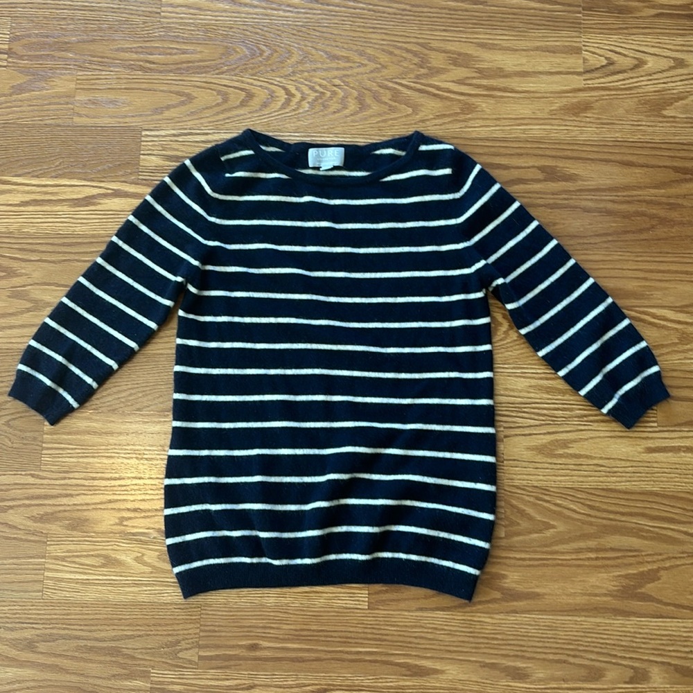 Pure Collection Blue White Stripe Cashmere Crewneck Sweater‎ 12 Coastal Nautical